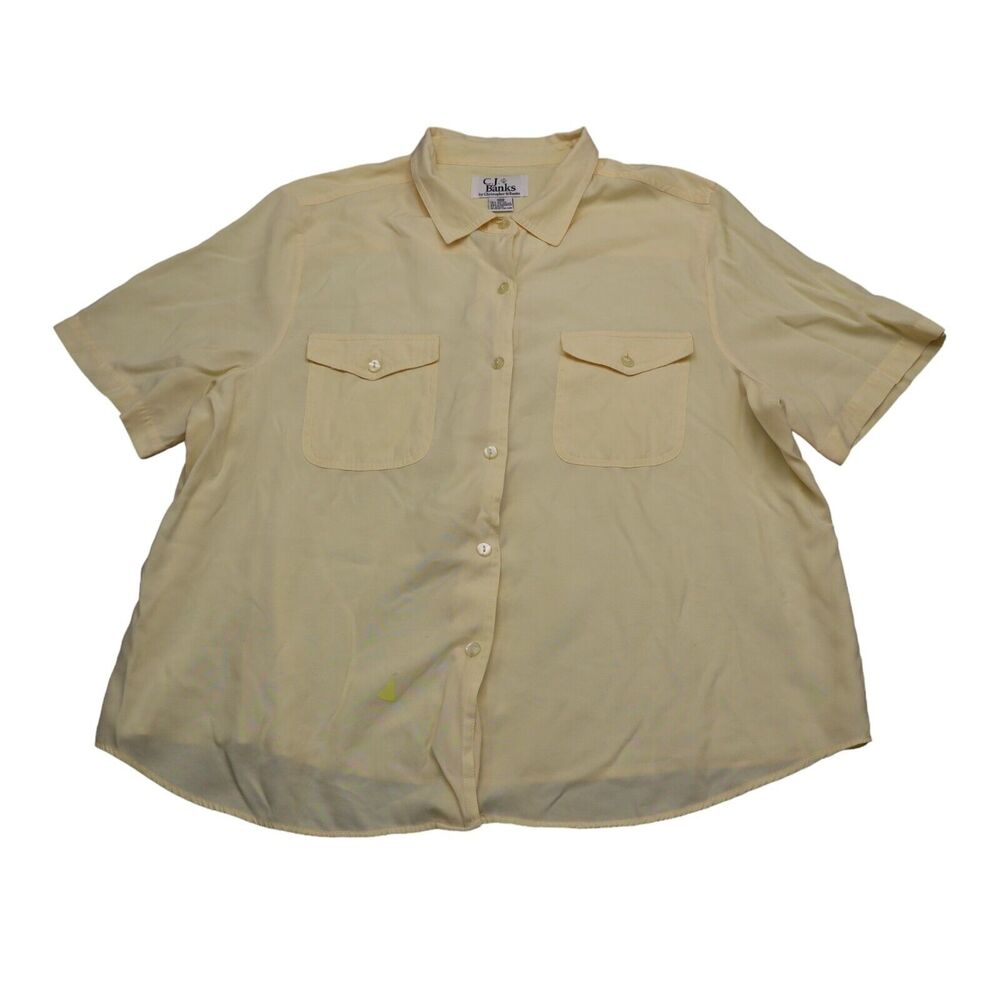 CJ Banks Shirt Womens 18W Yellow Short Sleeve Collared Pocket Button Up